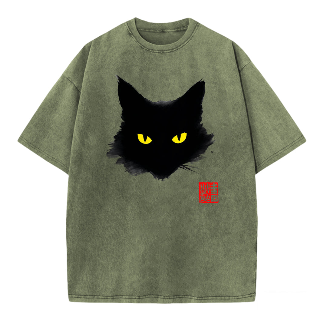 Ink Wash Black Cat Print Washed T-Shirt