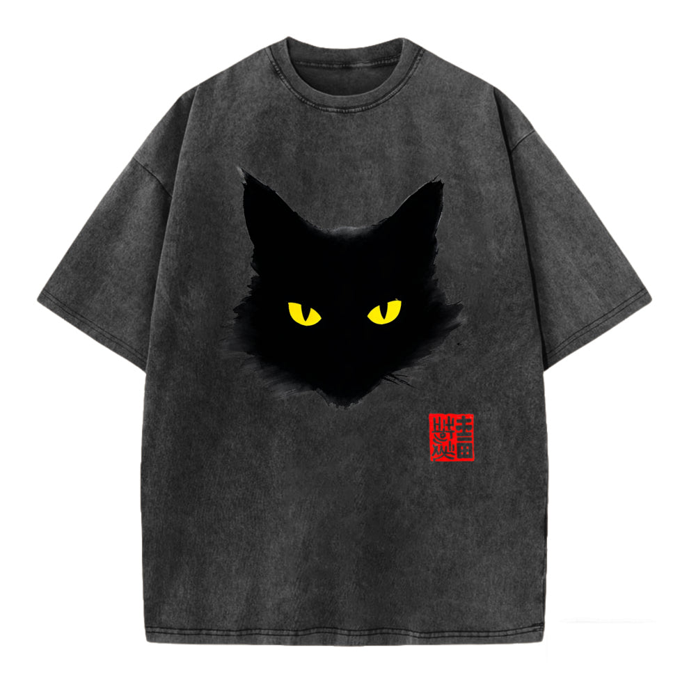 Ink Wash Black Cat Print Washed T-Shirt