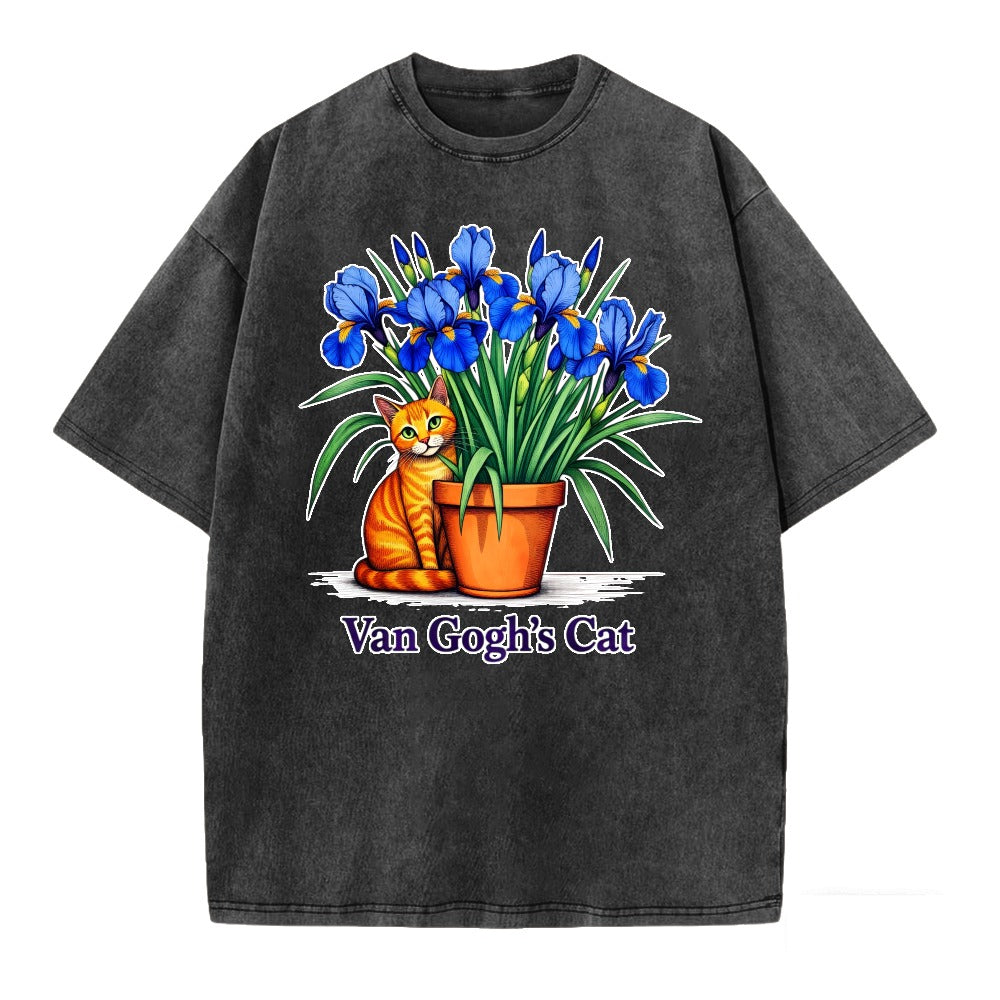 Van Gogh Cat Art T-Shirt With Iris Flower And Orange Cat Design For Men Women Unisex Casual Wear