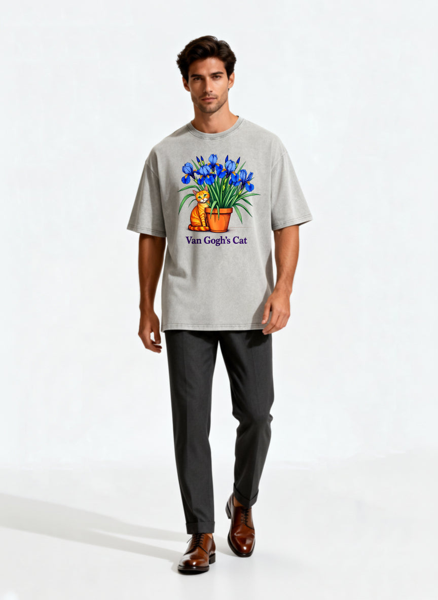 Van Gogh Cat Art T-Shirt With Iris Flower And Orange Cat Design For Men Women Unisex Casual Wear