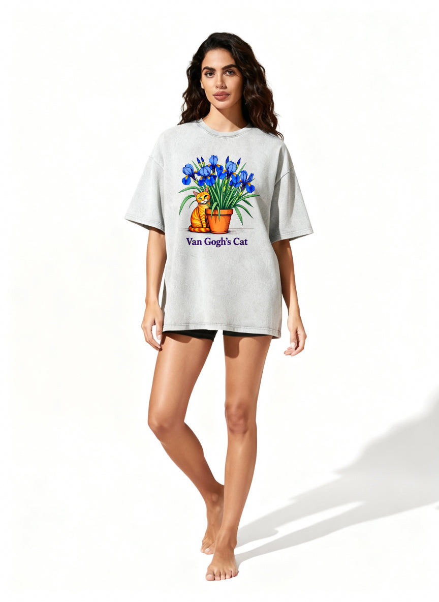 Van Gogh Cat Art T-Shirt With Iris Flower And Orange Cat Design For Men Women Unisex Casual Wear