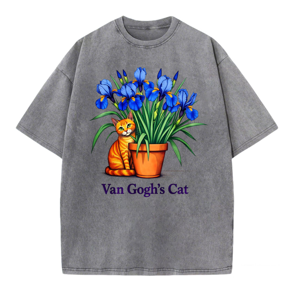 Van Gogh Cat Art T-Shirt With Iris Flower And Orange Cat Design For Men Women Unisex Casual Wear