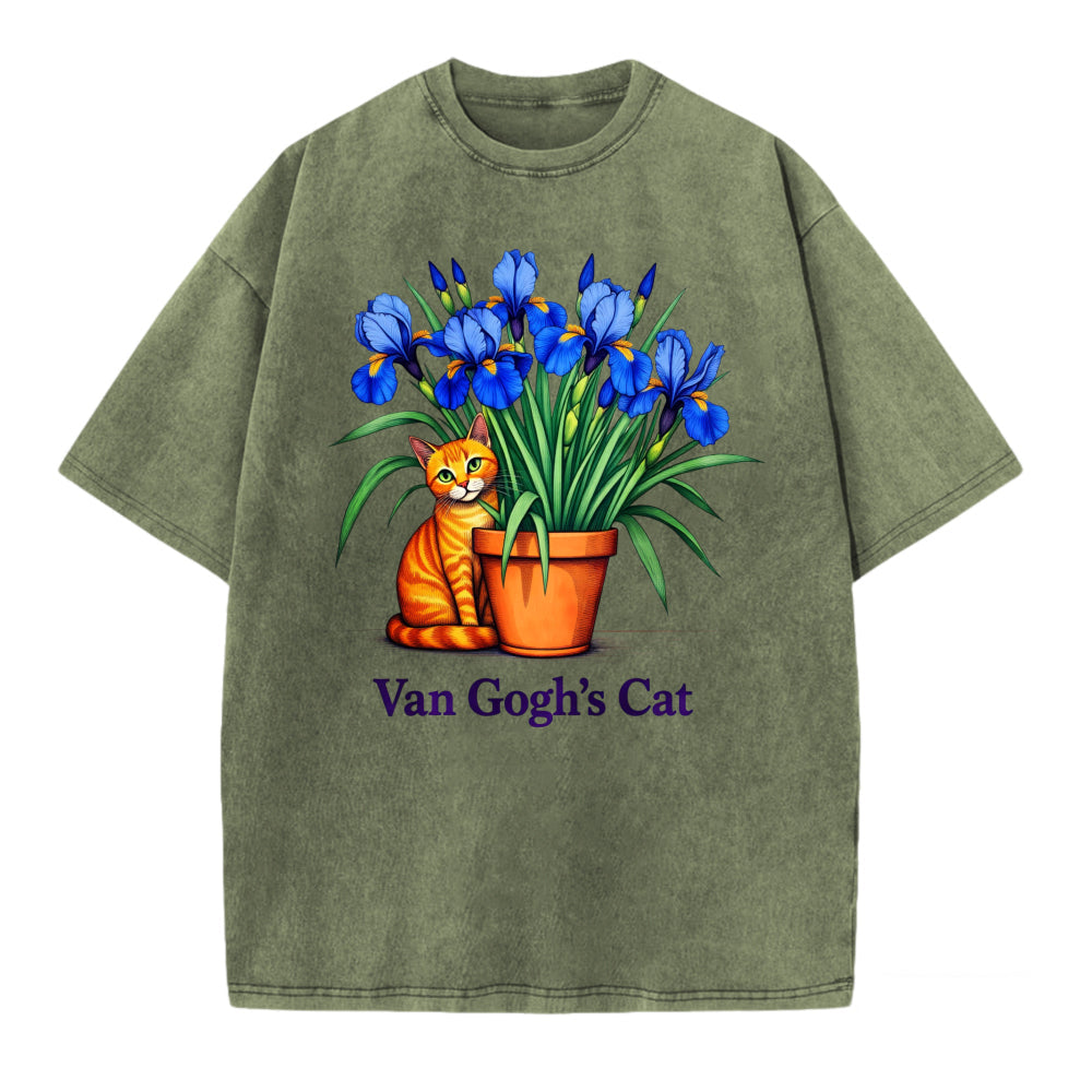 Van Gogh Cat Art T-Shirt With Iris Flower And Orange Cat Design For Men Women Unisex Casual Wear