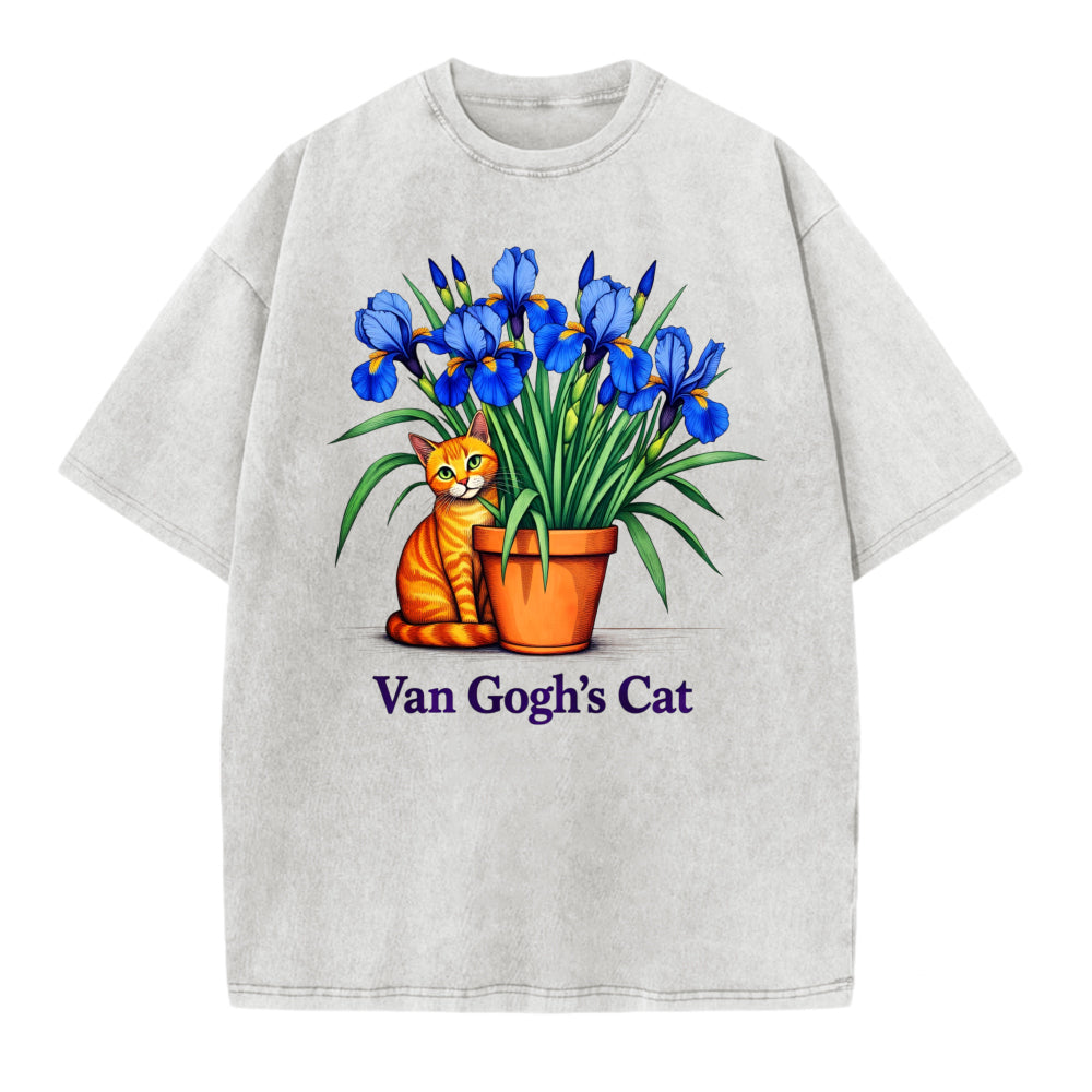 Van Gogh Cat Art T-Shirt With Iris Flower And Orange Cat Design For Men Women Unisex Casual Wear