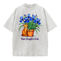 Van Gogh Cat Art T-Shirt With Iris Flower And Orange Cat Design For Men Women Unisex Casual Wear
