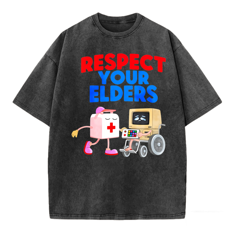 Respect Your Elders T Shirt With Cartoon First Aid Kit And Computer In Wheelchair Design For Fun And Humorous Statement Wear
