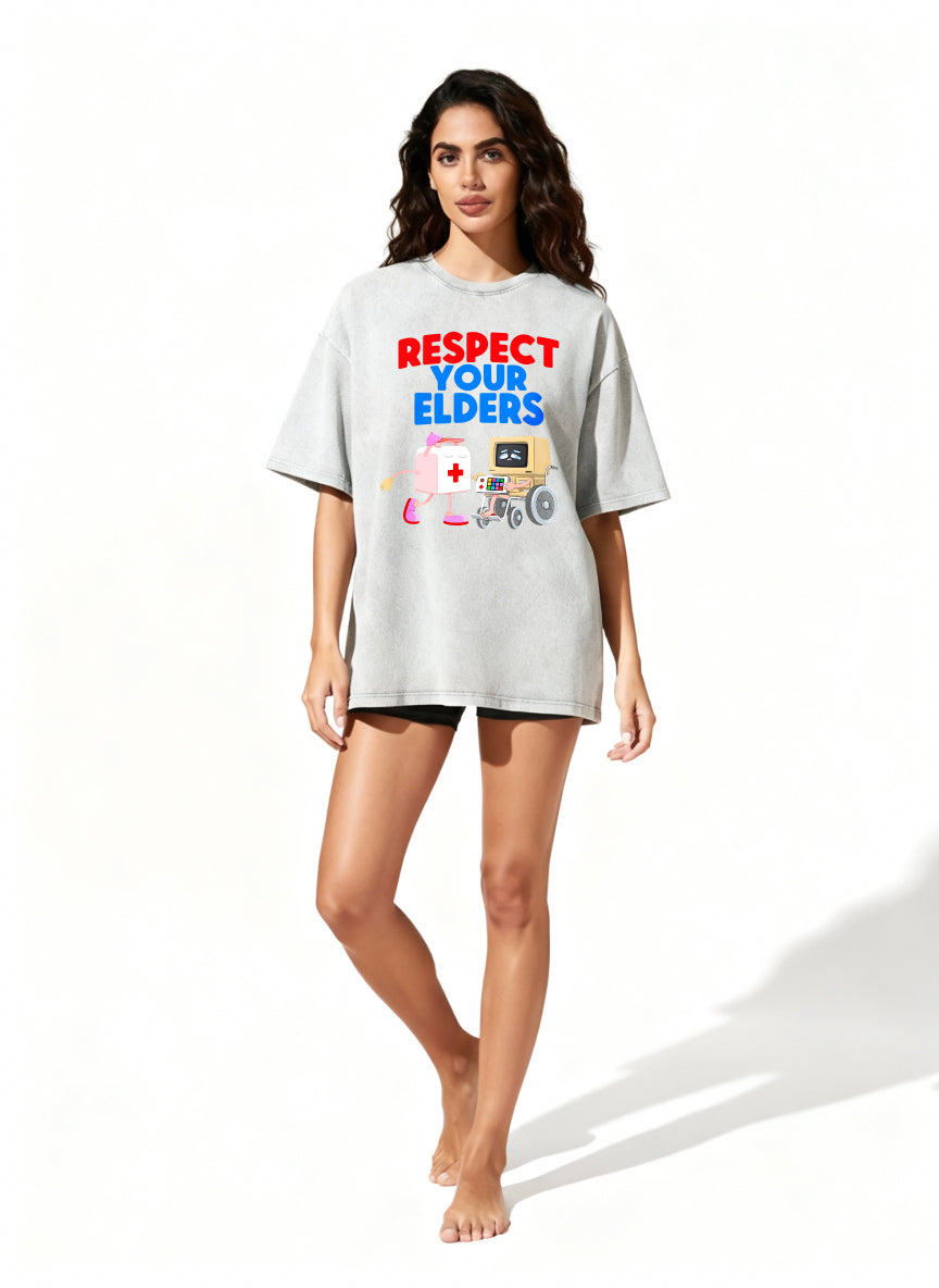 Respect Your Elders T Shirt With Cartoon First Aid Kit And Computer In Wheelchair Design For Fun And Humorous Statement Wear