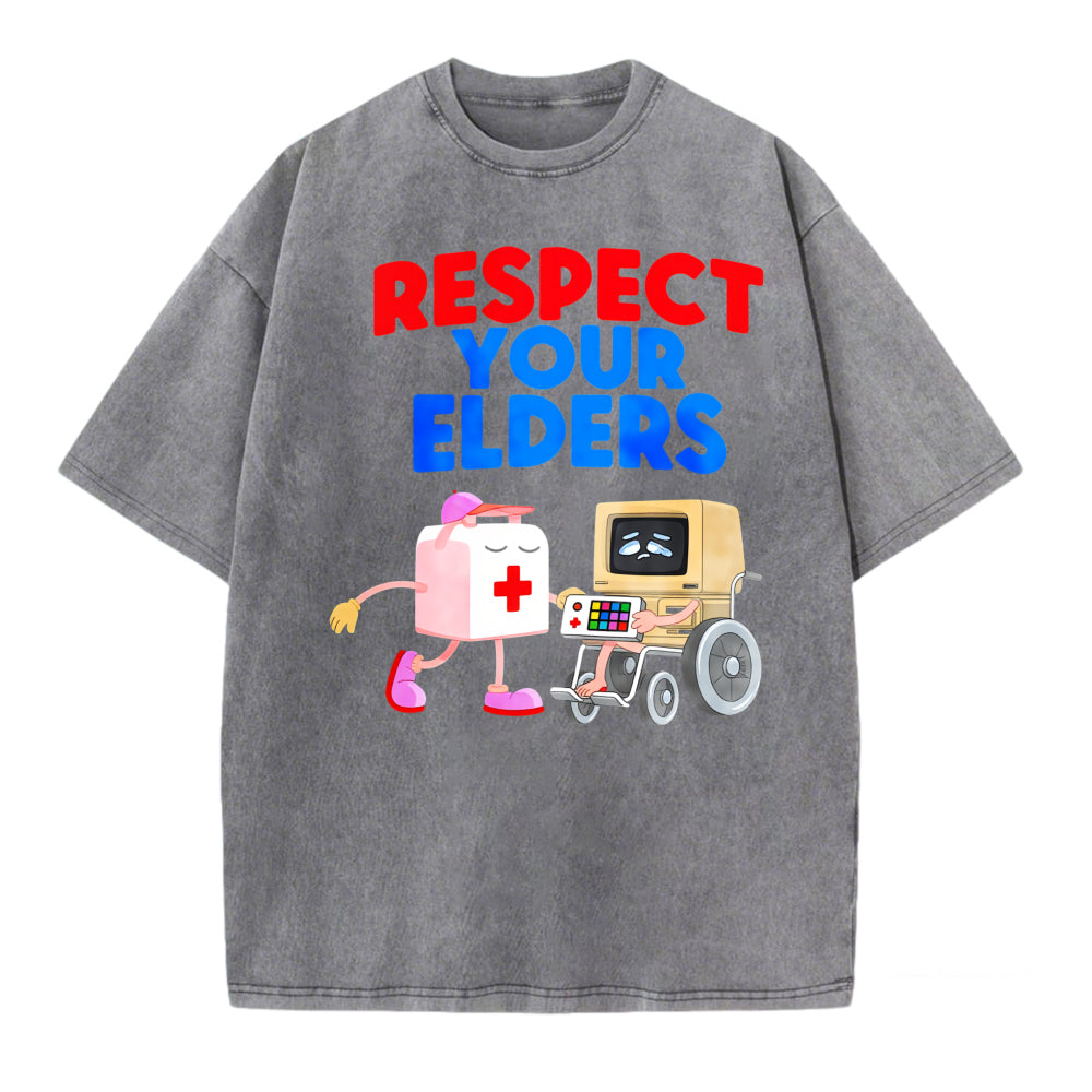 Respect Your Elders T Shirt With Cartoon First Aid Kit And Computer In Wheelchair Design For Fun And Humorous Statement Wear